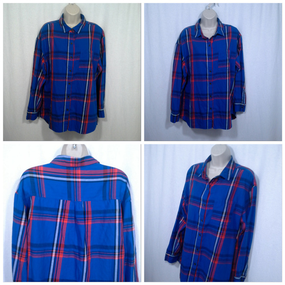 Old Navy Boyfriend shirt Size L Blue Red Plaid Cotton twill Front button - Picture 6 of 7